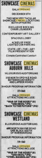Showcase Cinemas Westland - Opening Ad Dec 2 1989 (newer photo)